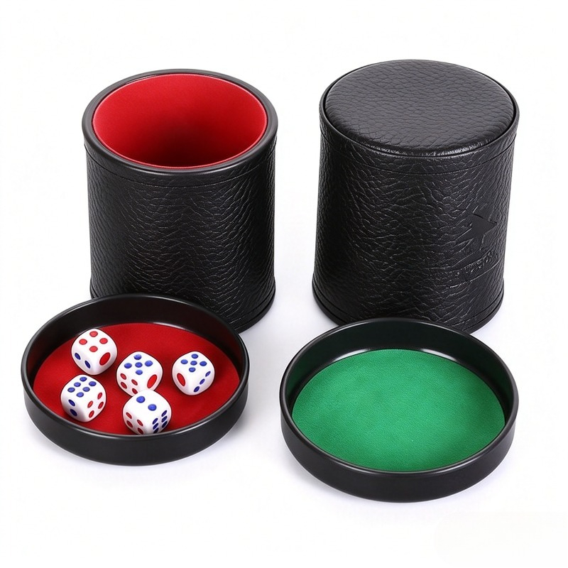 Board Game Yahtzee - オレンジ、グリーン、レッドの革製ダイスカップ（蓋付き、内側裏地付き、静音シェイキング機能付き）嘘つき用ダイス、ファーグル、ヤツジー、ボードゲームセット、ダイス8個入り