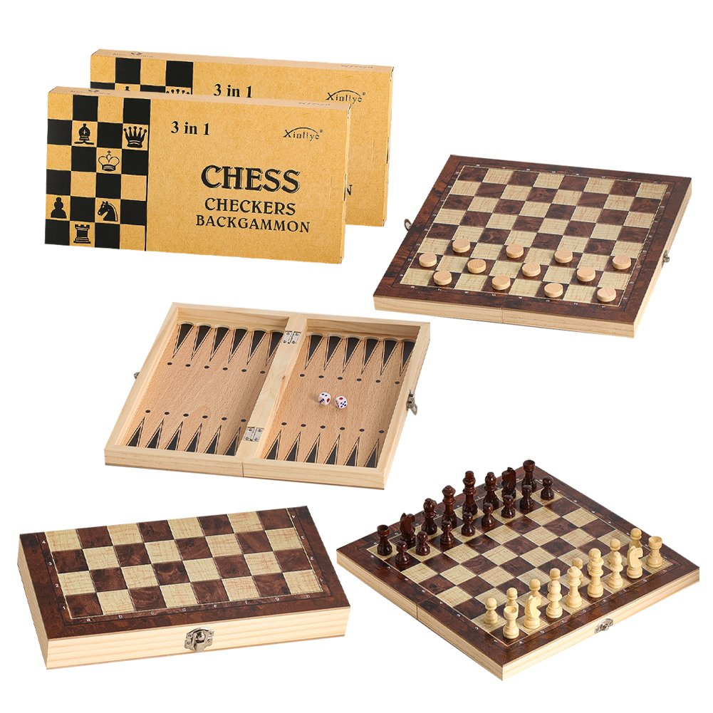 Board Game Zenith - 木製3-in-1チェッカー、バックギャモン、チェスセットモデル、パーティー、旅行、携帯に適した折りたたみ式チェス盤ゲームギフト