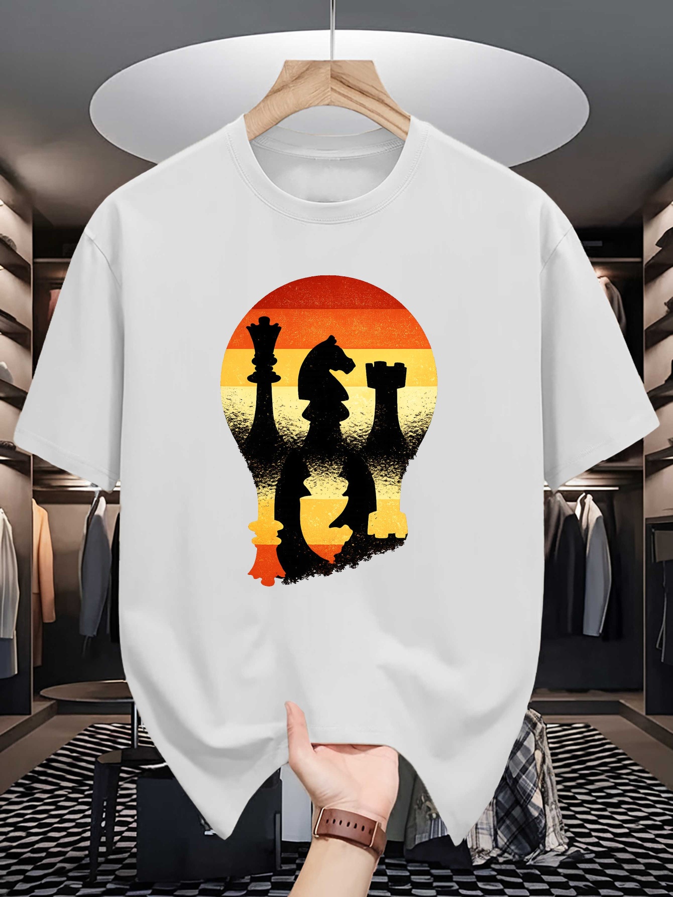 Board Game Vintage - チェスシルエットサンセット電球プリントメンズクルーネックTシャツヴィンテージボードゲームグラフィック半袖カジュアルコットンデイリートップス