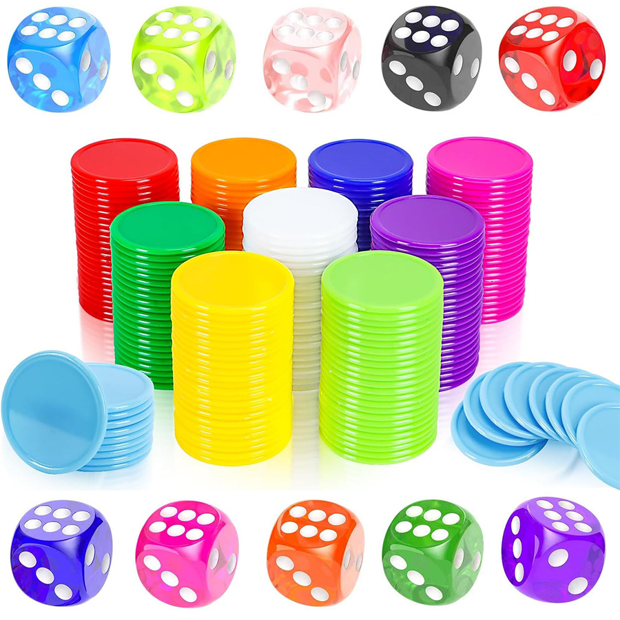Board Game Sequence - 100枚のチップと10個のサイコロセット - 19mm不透明プラスチック製カラーラーニングカウンター、ミニポーカーチップゲームトークン、パーティーゲーム用小道具JXB