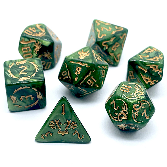 7個入りグリーンスワールアクリルDNDダイスセット、金エンボ - Board Game Rpg のレビューと価格