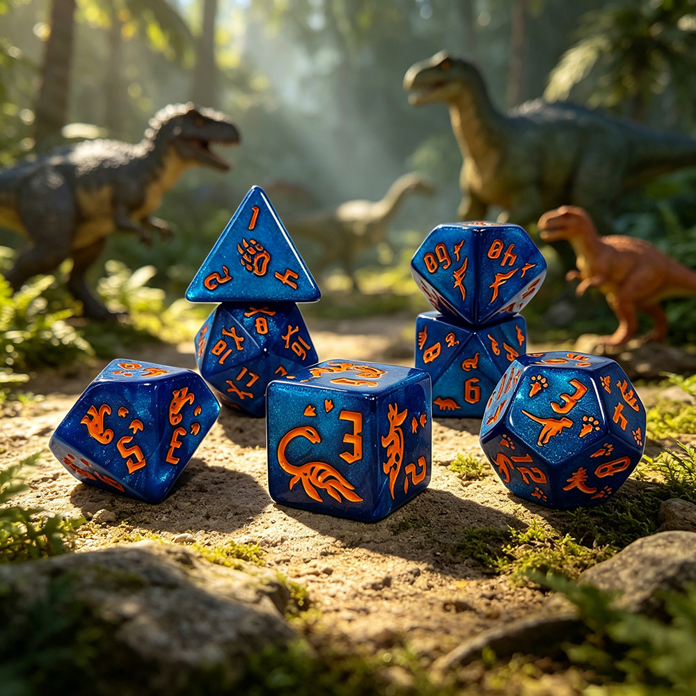 7個入りジュラシックオーシャンブルー恐竜彫刻入りダイスセット - Board Game Rpg のレビューと価格